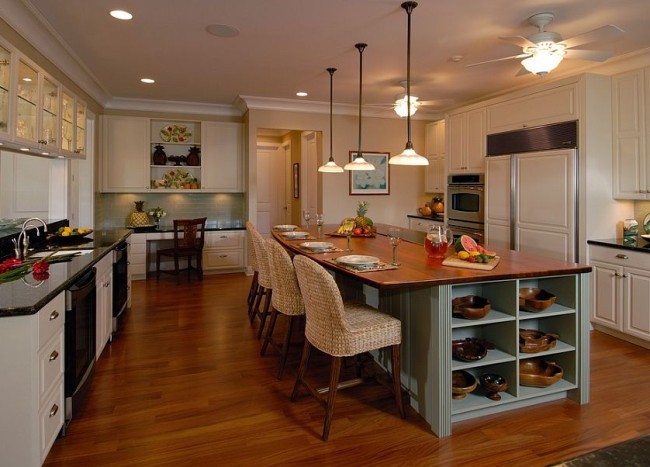 Stylish modern open kitchen island with visible shelves and seating, adding both functionality and visual appeal to the space