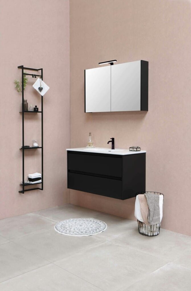 Casta’s custom bathroom cabinet with open shelves showcasing tailored designs