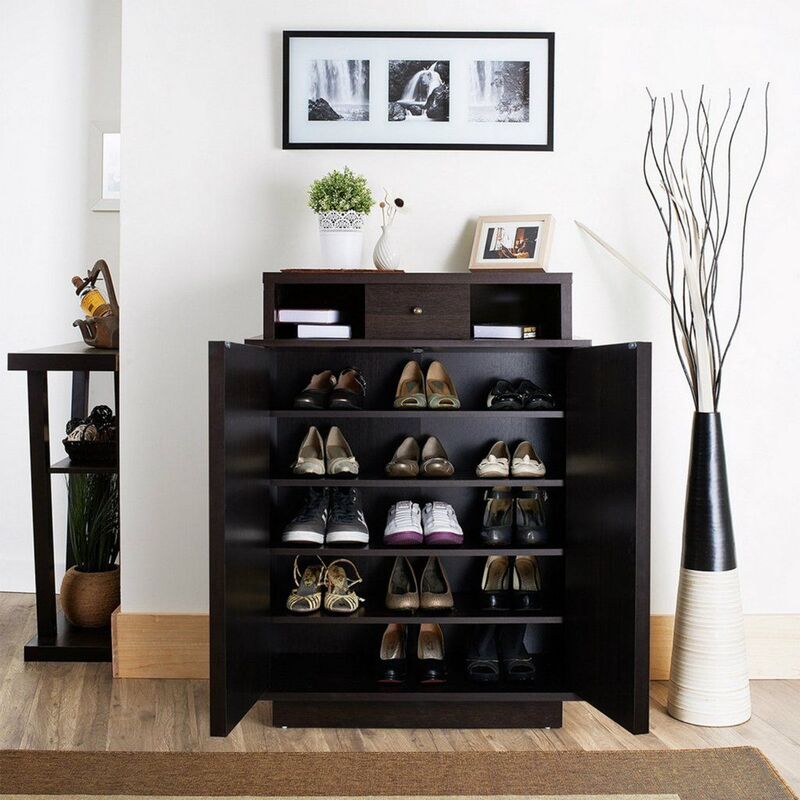 A 36-inch wide shoe cabinet with multiple compartments, ideal for organizing shoes in a stylish entryway