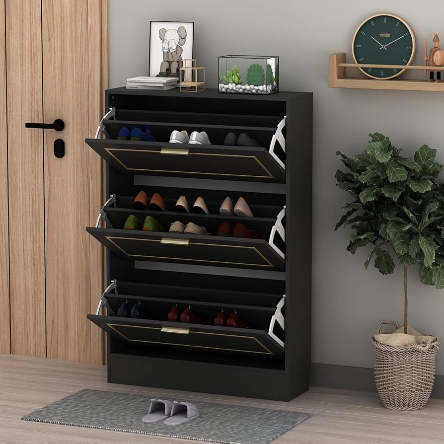 A compact shoe cabinet with standard dimensions, efficiently organizing footwear in a modern apartment hallway