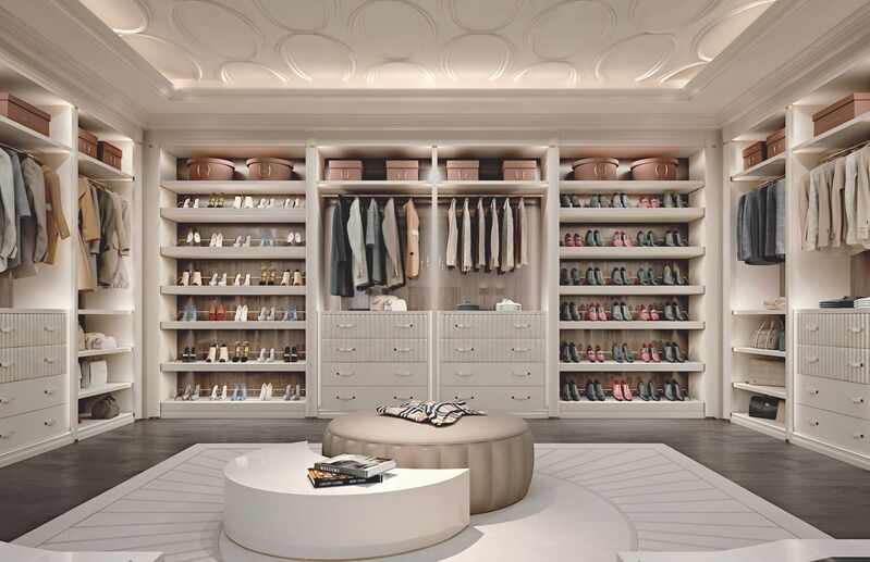 A spacious shoe cabinet in a modern walk-in closet, perfectly accommodating an extensive collection of shoes and boots