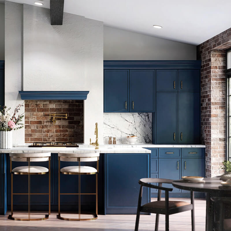 A modern kitchen featuring navy Slim Shaker RTA cabinets with white countertops, showcasing versatile design options