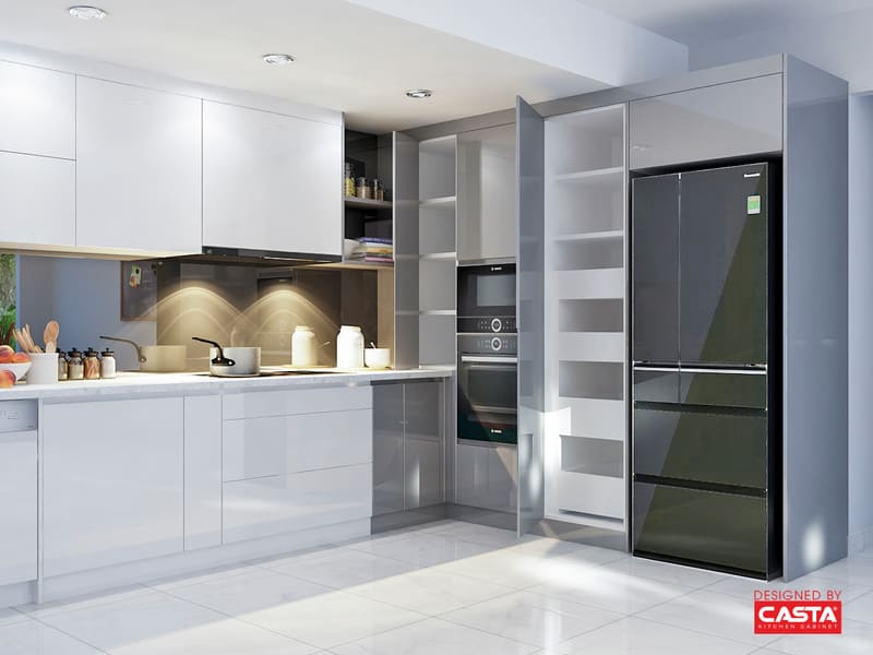 A sleek modern kitchen featuring custom-designed Casta Cabinetry storage solutions