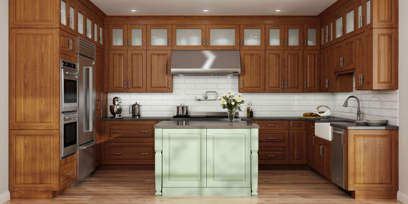 A luxurious transitional kitchen featuring traditional cabinet doors with raised panels and a rich walnut finish, adding warmth and sophistication to the space