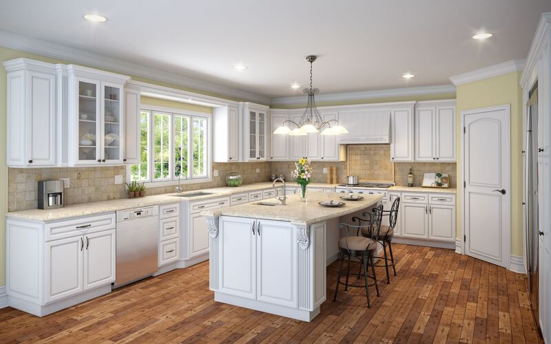 A spacious kitchen featuring raised panel traditional cabinet doors with pull-out compartments for enhanced functionality