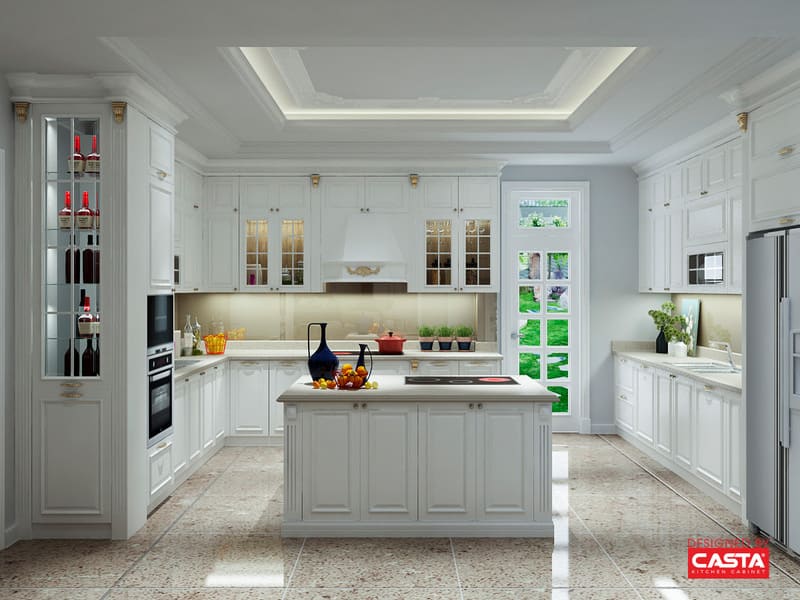 A sleek modern kitchen featuring cabinets with premium types of cabinet hardware carefully selected by Casta Cabinetry