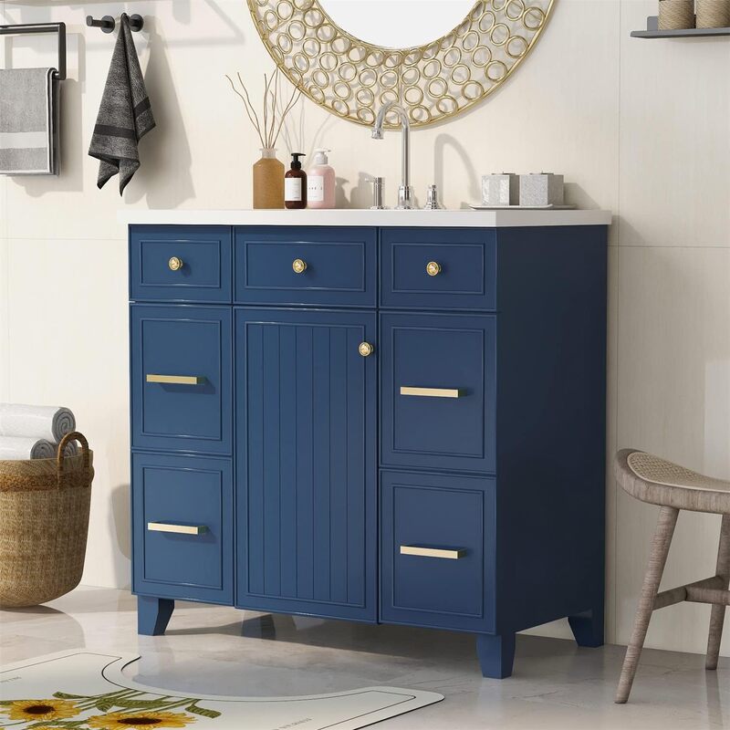 A vanity cabinet with brushed nickel knobs, designed for a humid bathroom environment