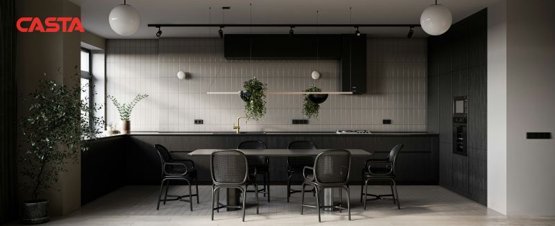 A modern kitchen featuring sleek cabinet hardware selected by Casta Cabinetry for a cohesive design