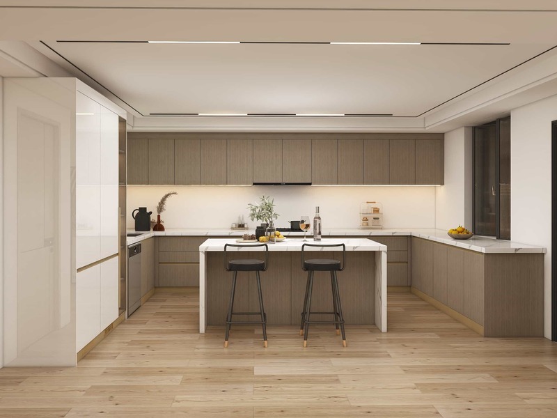 A sleek kitchen showcasing custom U shaped cabinets designed for optimized storage and workflow