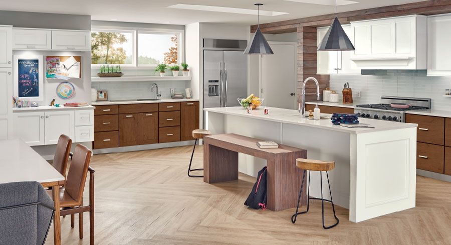 Matte wood finish kitchen cabinets paired with oiled floating shelves, highlighting natural wood textures in a modern kitchen