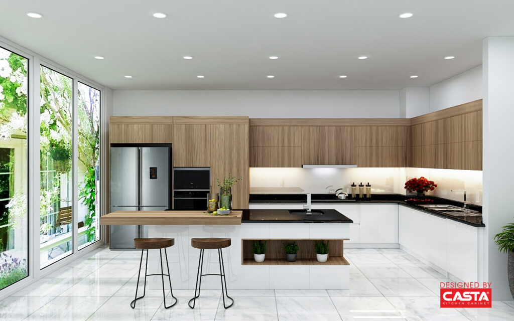 Custom wood finish kitchen cabinets by Casta Cabinetry, showcasing a natural grain with a matte protective finish