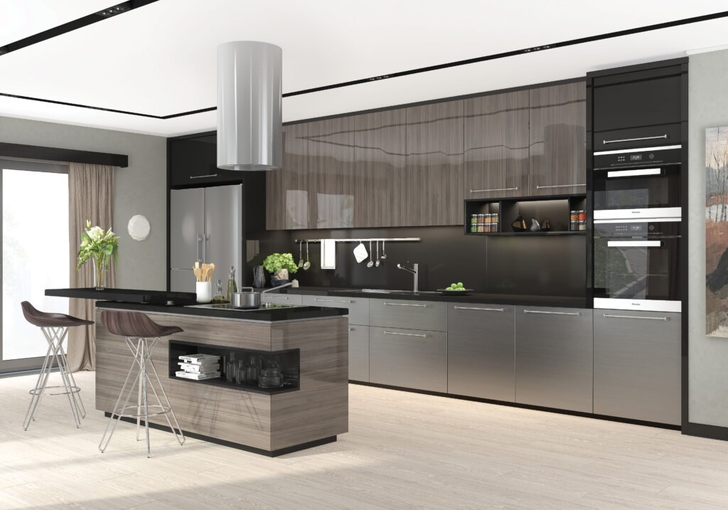 Glossy wood finish kitchen cabinets reflecting light in a contemporary kitchen, creating a bright and polished atmosphere.