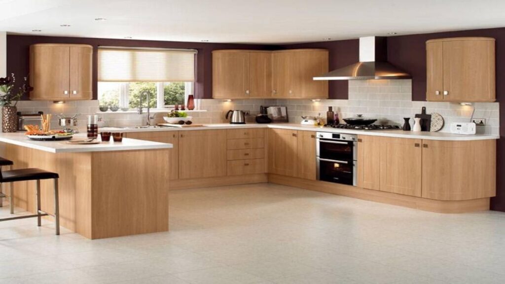 Light oak wood finish kitchen cabinets