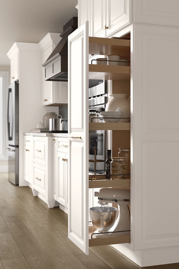 A well-designed pantry cabinet displayed in a local cabinet showroom