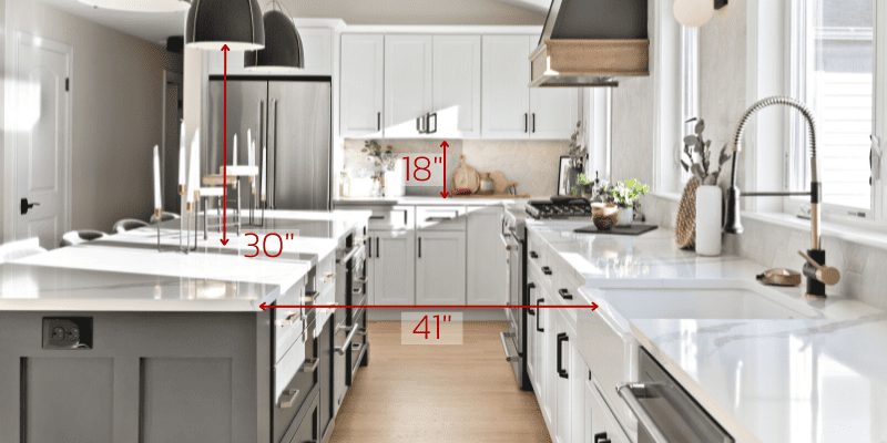 A modern kitchen layout illustrating 42-inch clearance between the kitchen island and cabinets, showcasing ideal spacing for functionality and design