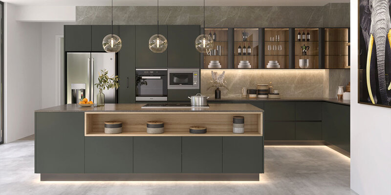 Frameless cabinets with integrated lighting and minimalist handles in a high-end kitchen