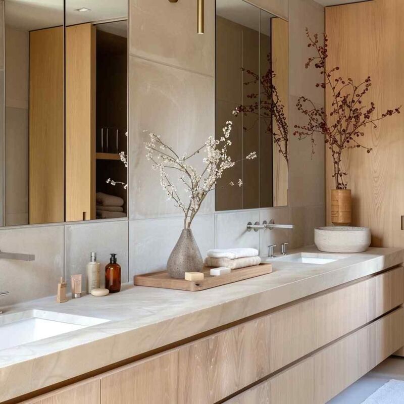 Sleek frameless bathroom cabinets with a minimalist design in a modern bathroom