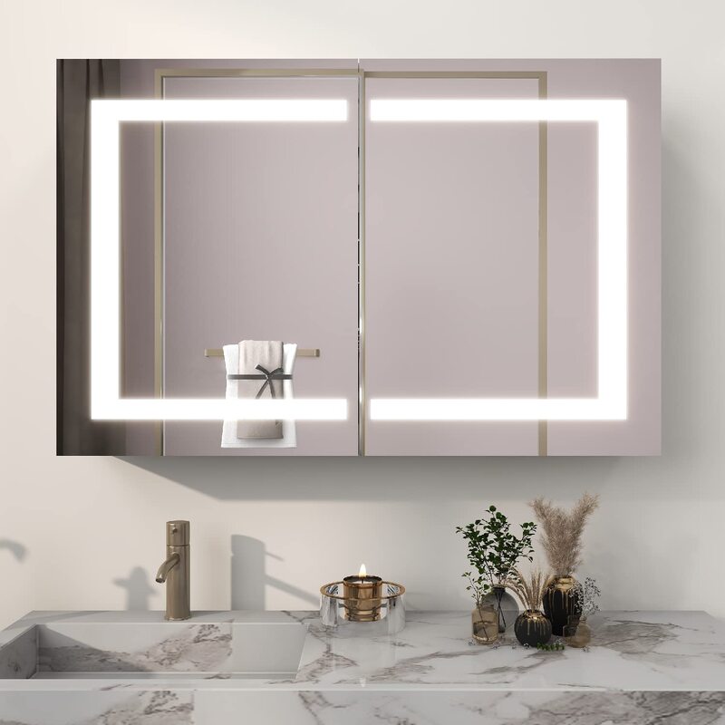 A luxurious bathroom featuring a frameless medicine cabinet with integrated lighting