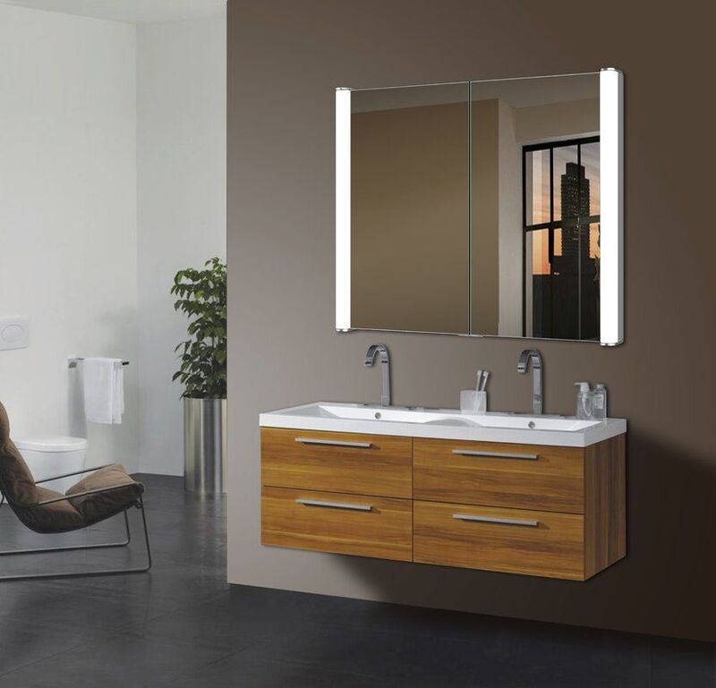 A recessed frameless mirror medicine cabinet with integrated LED lighting in a minimalist bathroom