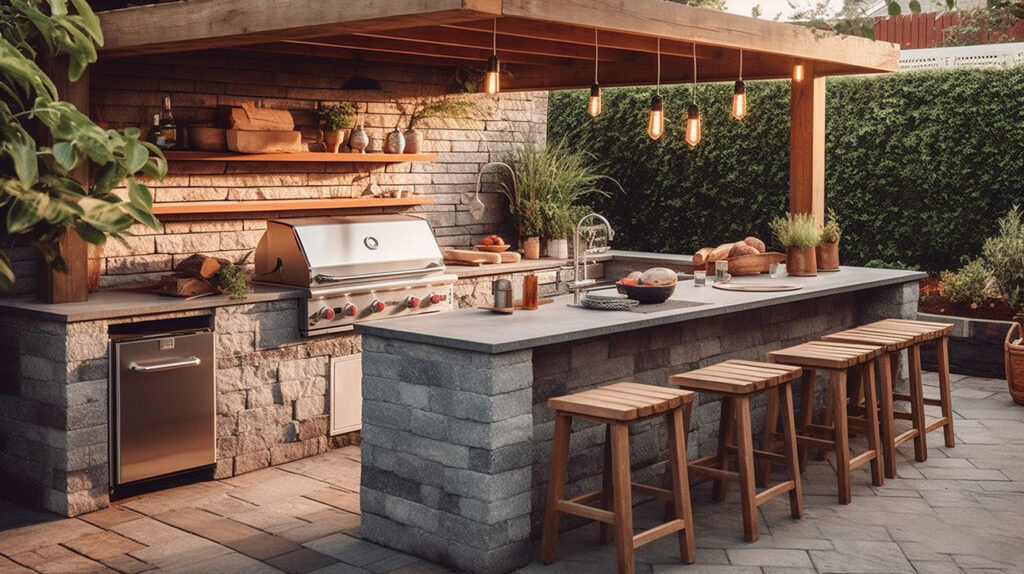 Outdoor kitchen with mixed-material cabinets combining moisture-resistant wood and stone accents