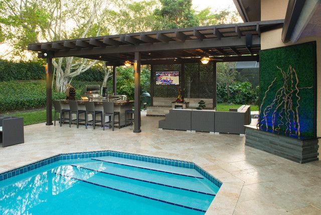 Residential outdoor kitchen with moisture resistant kitchen cabinets near a poolside patio