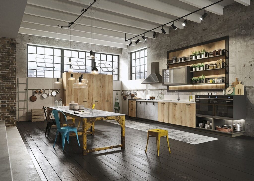 Industrial wood cabinets installed in a modern urban apartment, combining rustic charm with contemporary design