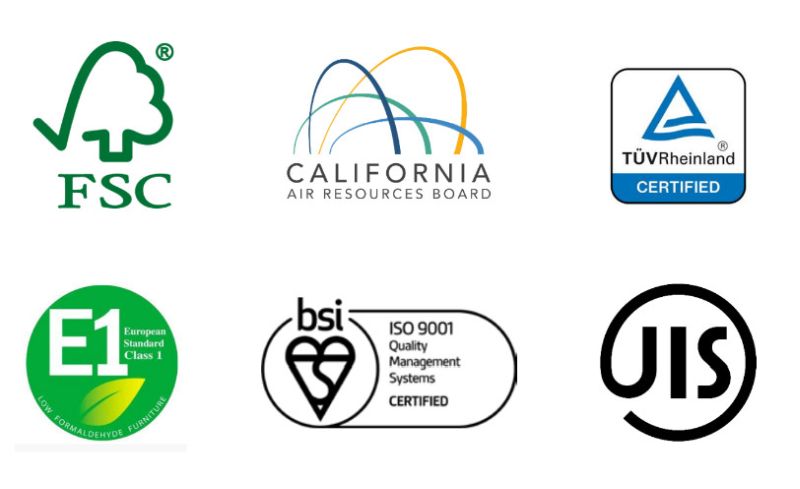Certification logos for CARB, E1, and FSC verifying the quality and sustainability of veneered particle board cabinets