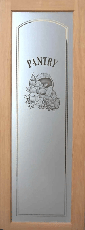 Glass front cabinet door etched with logo