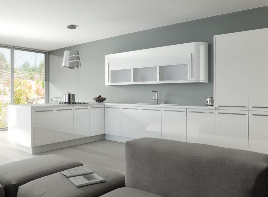 Gloss white MDF cabinet with central glass panel