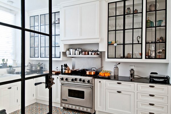 Industrial kitchen with matte black framed glass front cabinet