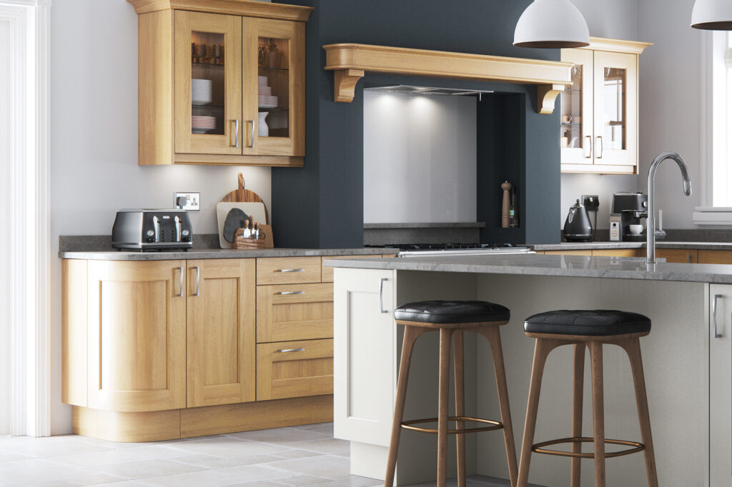 Solid oak cabinet door installed in a luxury kitchen environment