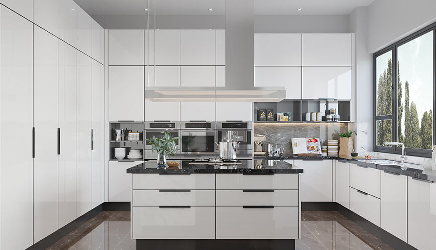 High-gloss white cabinet door reflecting showroom lighting in a modern kitchen display