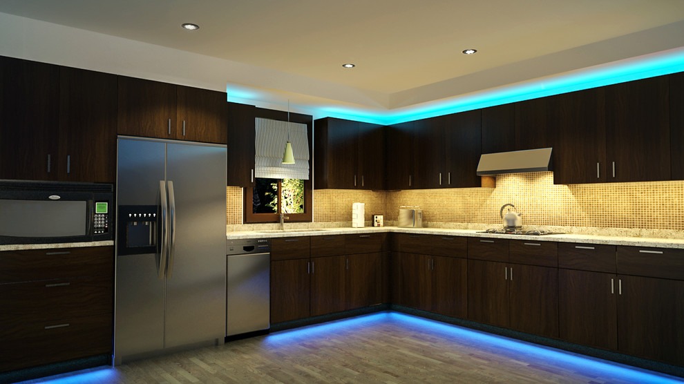 Modern kitchen cabinets for manufactured homes with motion‑sensor LED toe‑kick lighting
