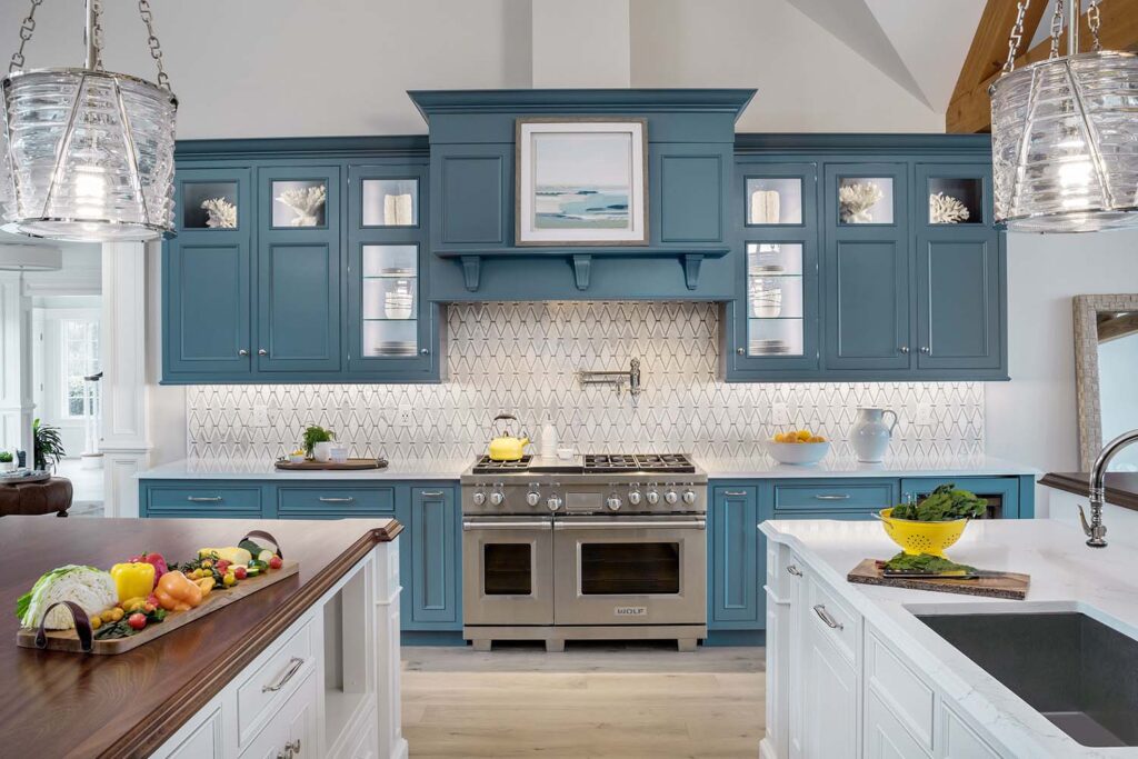 Two‑tone kitchen cabinets for manufactured homes with frosted glass upper units
