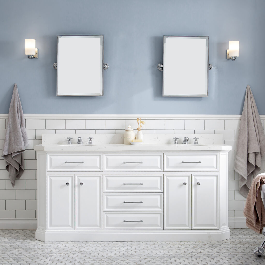 Soft white bathroom cabinet colors paired with chrome fixtures