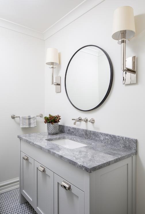 Light gray bathroom vanity cabinet colors with marble countertops
