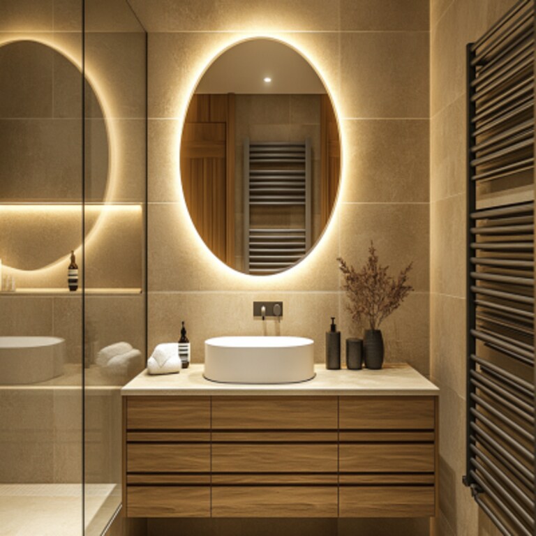 Creamy beige bathroom cabinet colors creating warmth under LED lighting