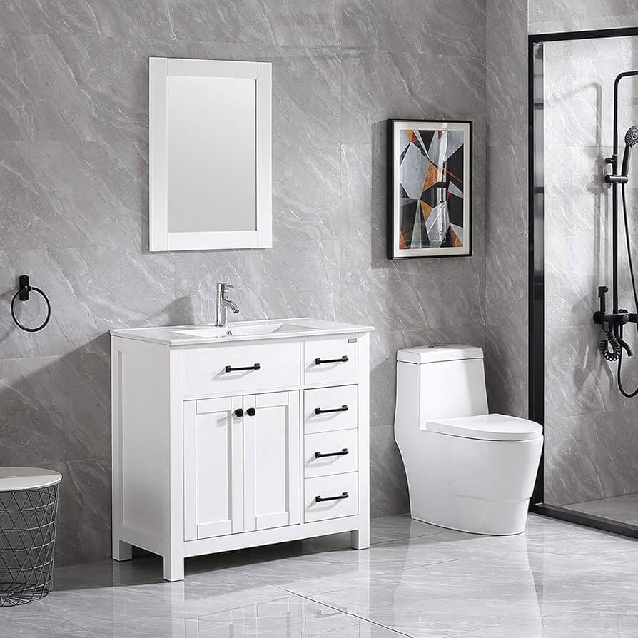 Soft white bathroom cabinet colors reflecting light in a compact apartment bathroom