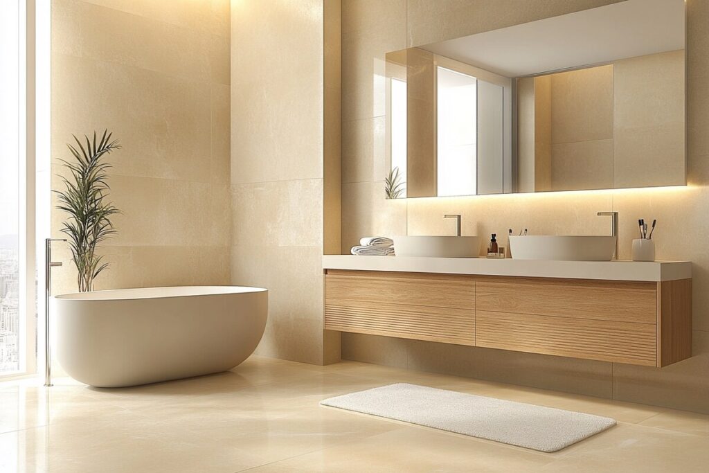 Creamy beige bathroom cabinet colors with wood-look tile flooring