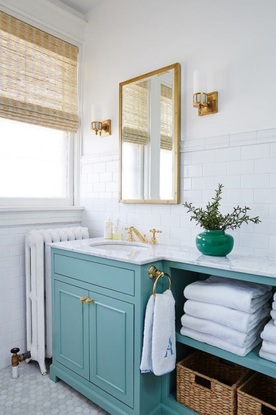 Matte teal bathroom cabinet colors with natural stone backsplash