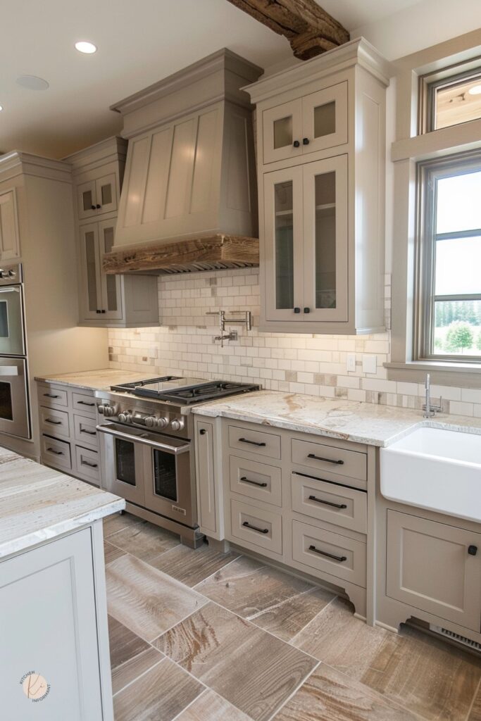 Greige cream kitchen cabinets paired with stainless steel for a modern aesthetic