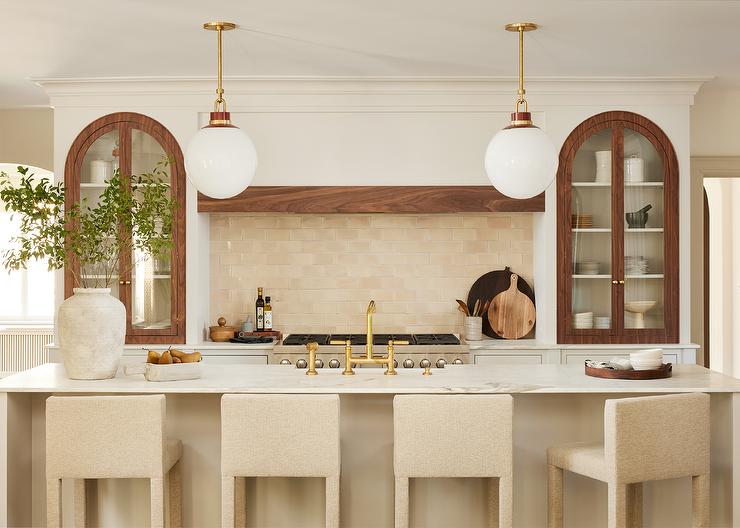 Linen cream colored kitchen cabinets in a transitional kitchen