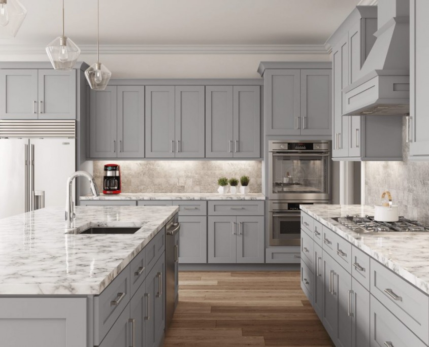 Cool gray kitchen cabinet colors providing modern tone with stainless appliances