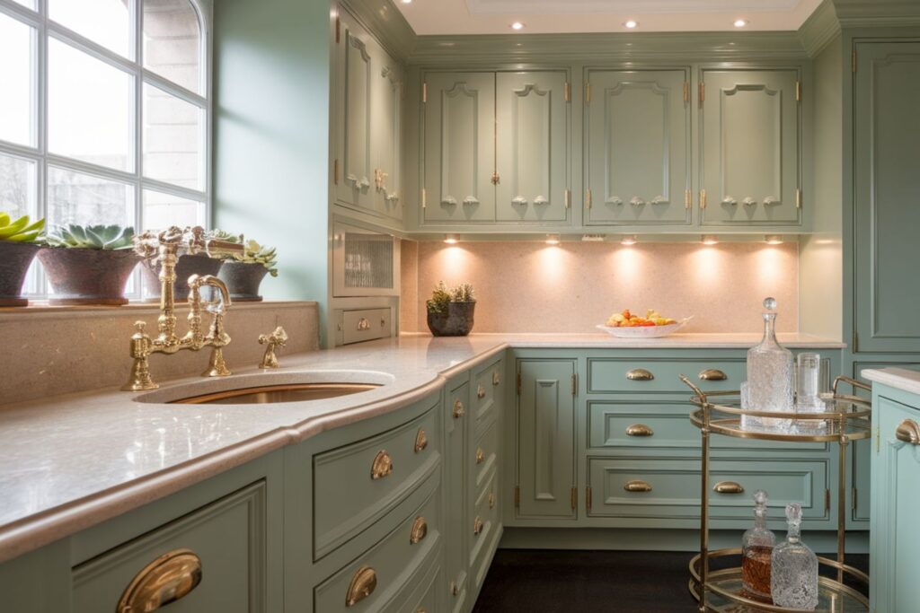 Sage kitchen cabinet colors with marble-look quartz for boutique developments