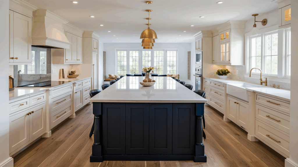 Navy kitchen cabinet colors creating contrast with white counters and brass finishes