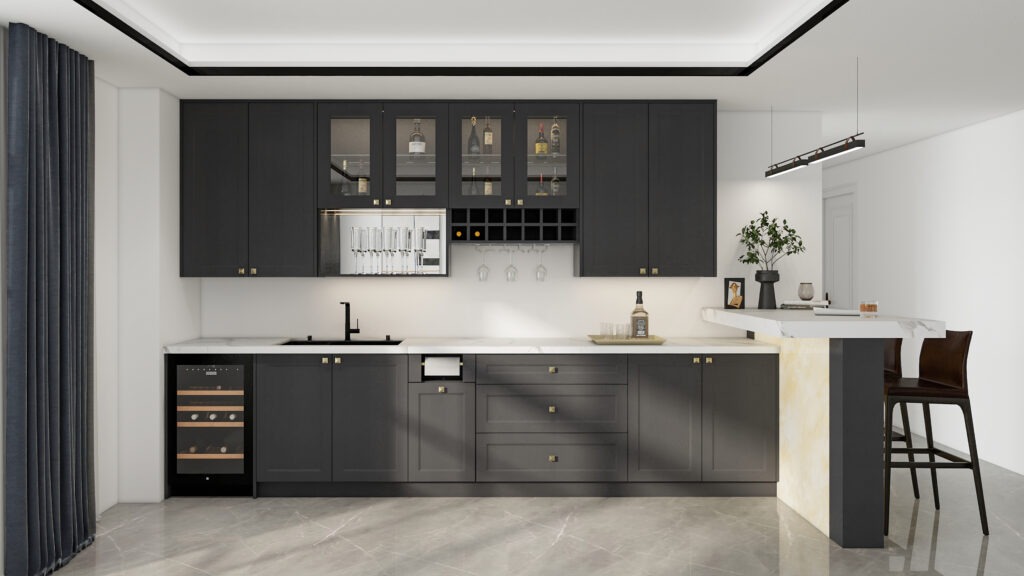 Matte minimalist European kitchen cabinets with soft-touch surface in taupe