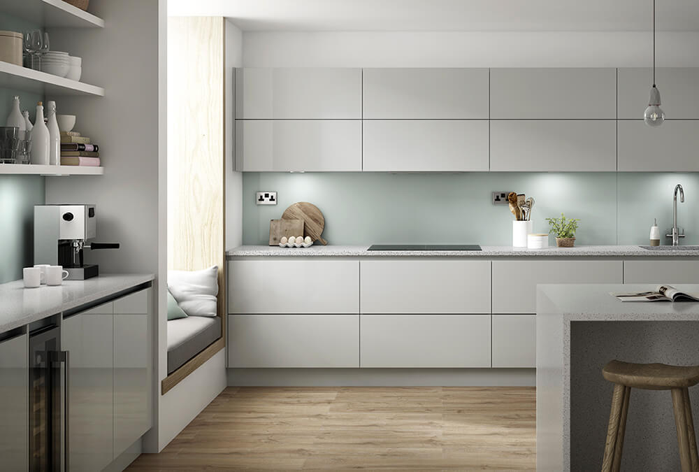 Handleless European kitchen cabinets with integrated channel grooves