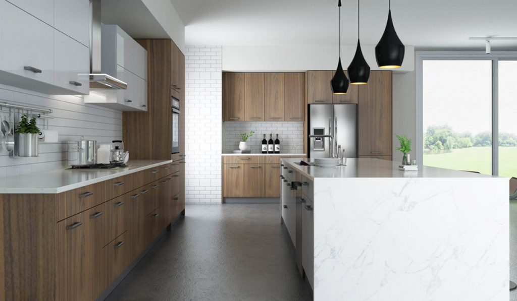 Two-tone European kitchen cabinets with walnut base and white upper units