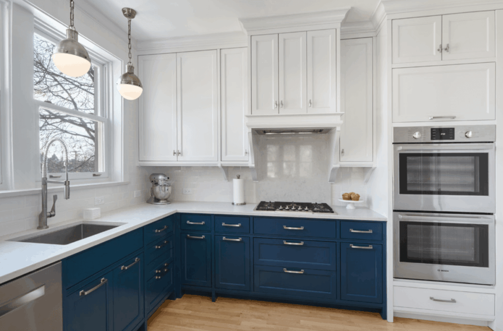 Classic framed American kitchen cabinets with shaker doors and warm wood tones