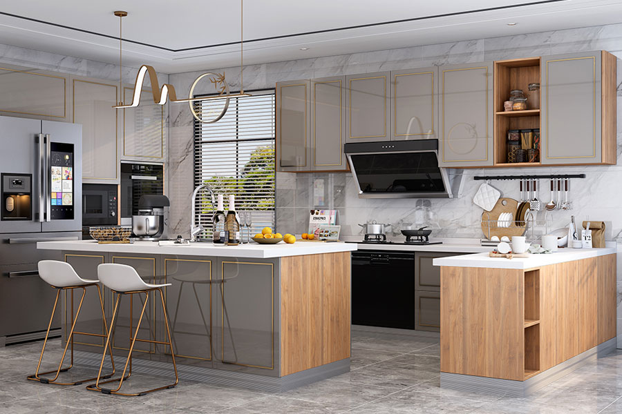 Minimalist handleless European kitchen cabinets with matte finish and seamless alignment